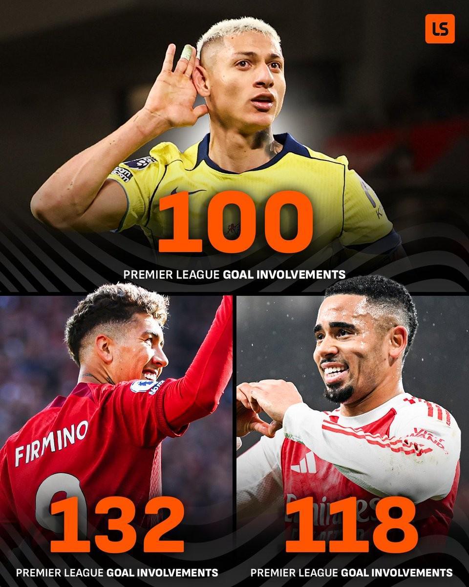 球探体育即时比分比分-里沙利松英超生涯已参与100球，成巴西球员第三人